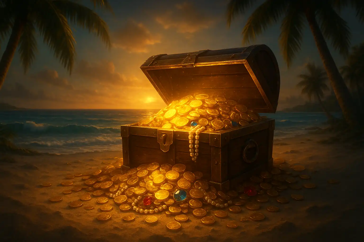 Glowing treasure chest surrounded by gold coins representing RaraWin casino bonuses