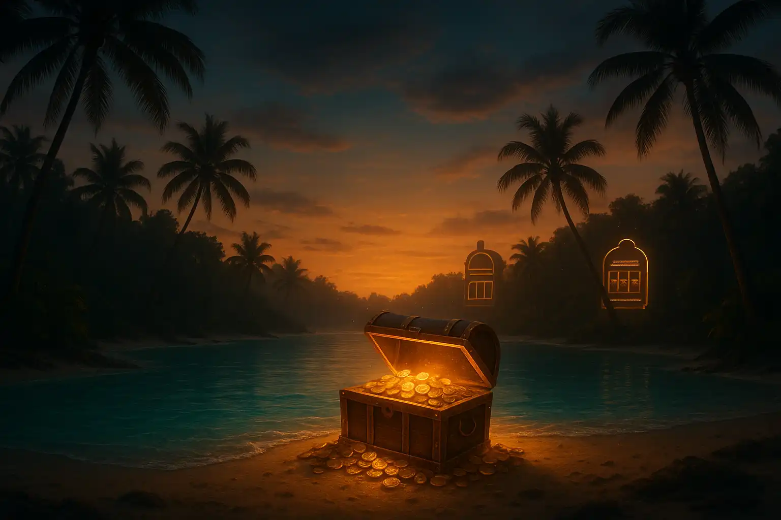 Golden treasure chest overflowing with coins on a tropical island lagoon at RaraWin Casino