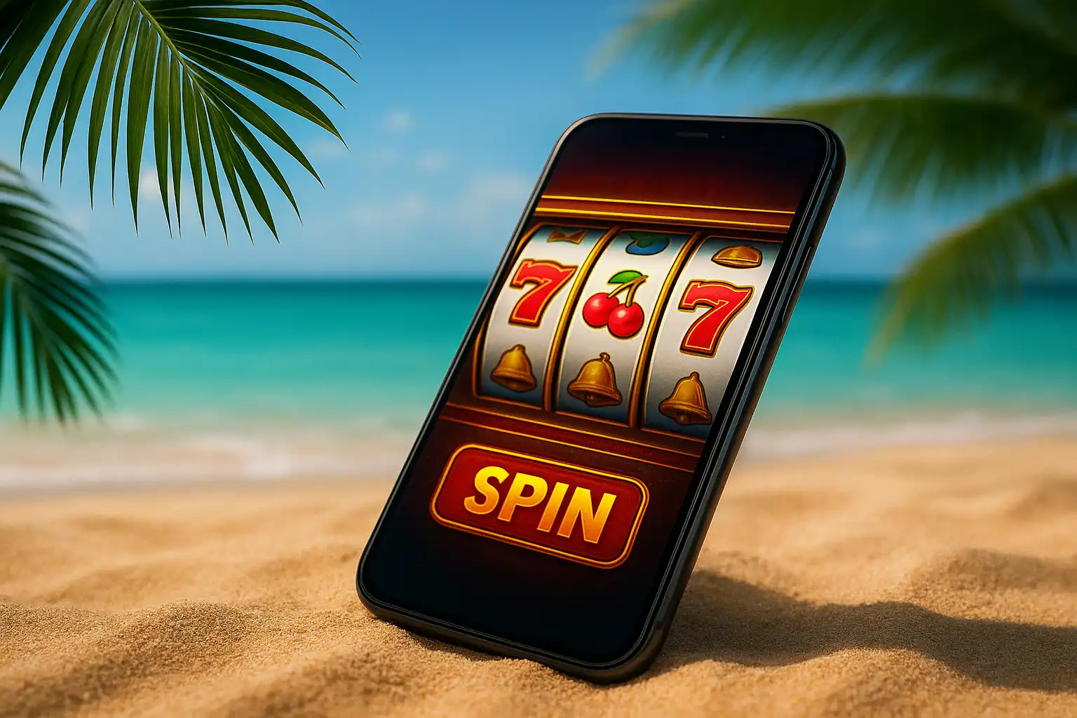 Smartphone displaying RaraWin casino slot reels on a tropical beach background