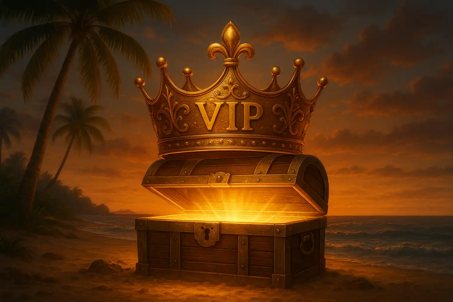 Golden VIP crown resting on a treasure chest on a tropical island shoreline